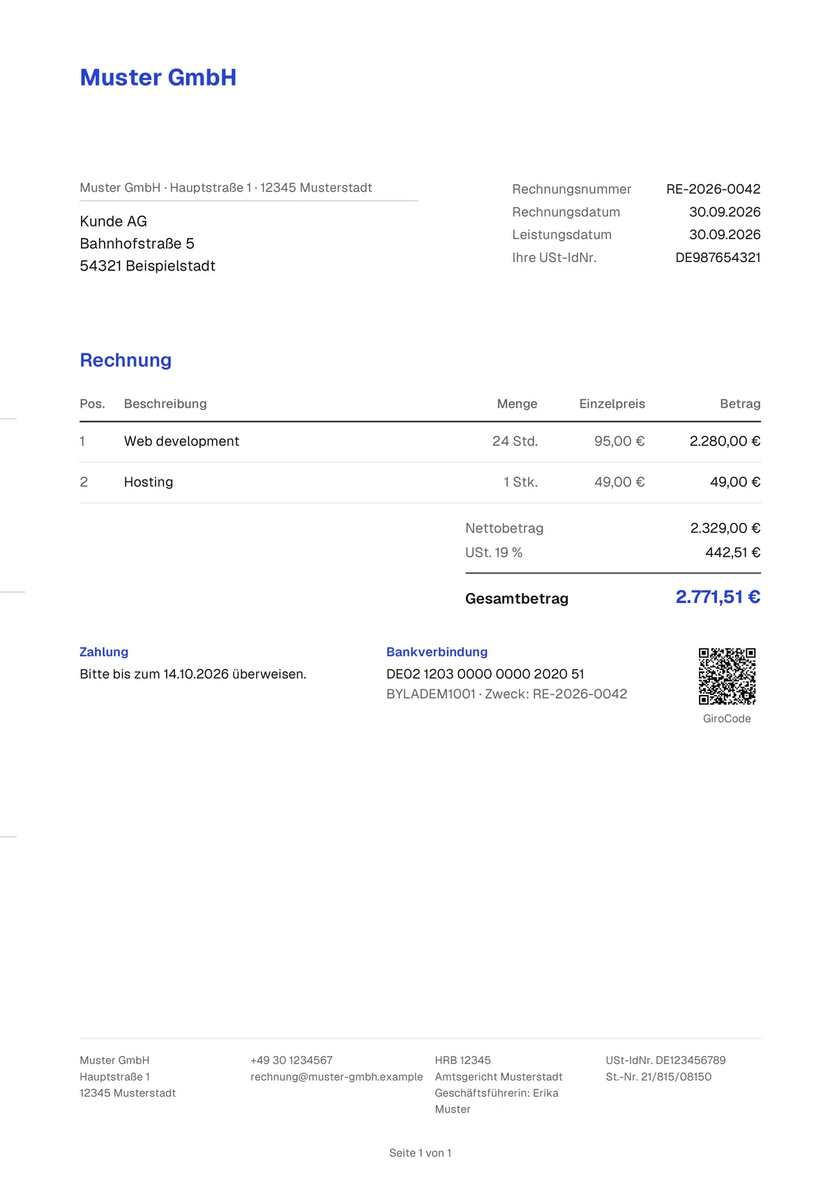Rechnung RE-2026-0042 der Muster GmbH an die Kunde AG über 2.771,51 €, von Quittio mit der Standardvorlage erzeugt