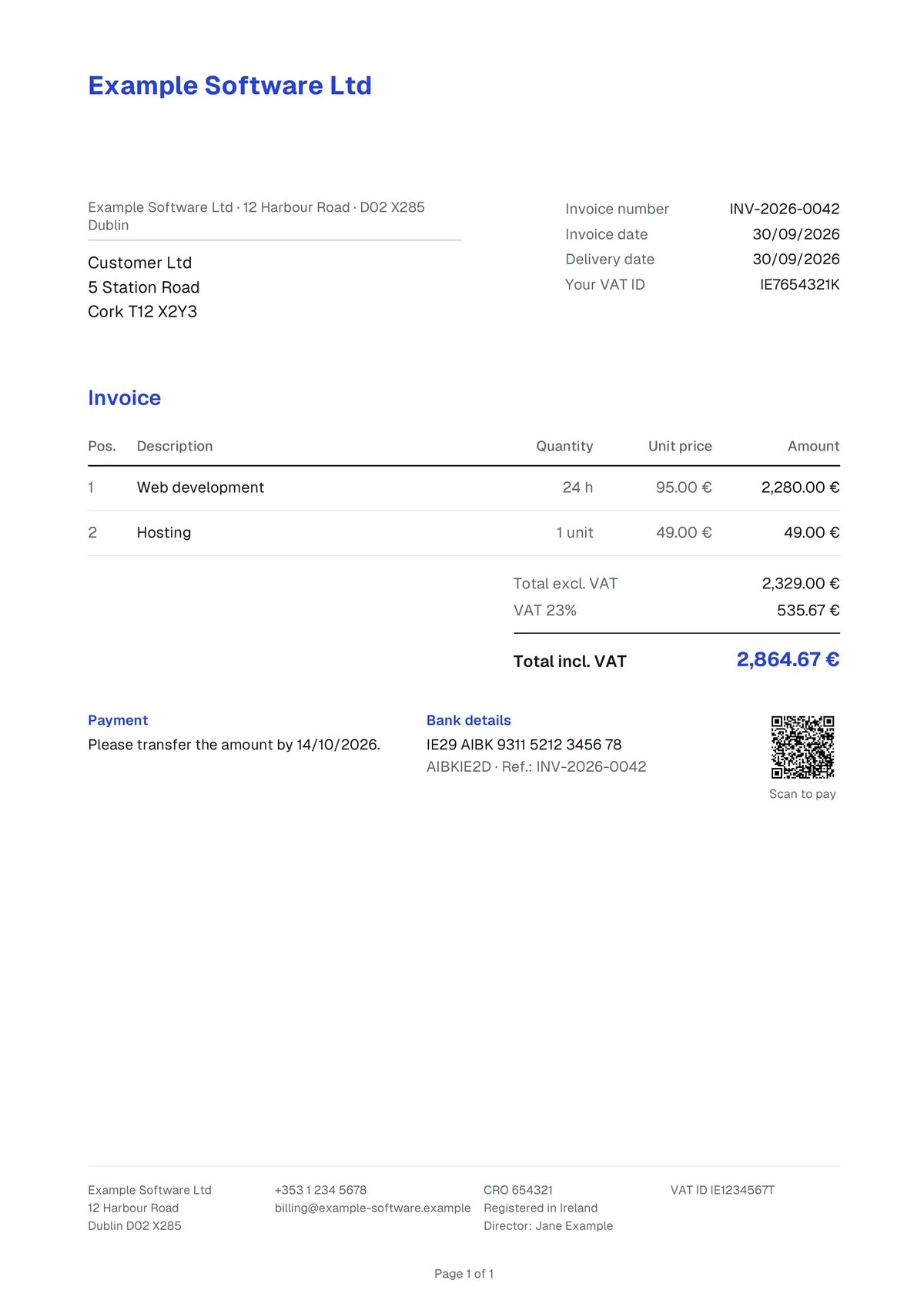 Invoice INV-2026-0042 from Example Software Ltd to Customer Ltd for €2,864.67, created by Quittio with the default template